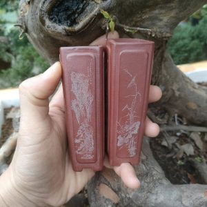 Bộ chậu cát tím vuông, cao điêu khắc thủ công 4 mặt (V011)