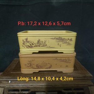 Bộ chậu chữ nhật tử sa điêu khắc thủ công 2 mặt; khoáng thô nguyên bản CN022