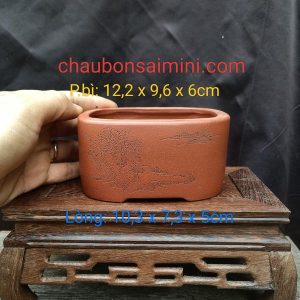 Chậu tử sa oval điêu khắc thủ công; quặng thô nguyên bản (OV021)