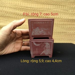Chậu cát tím vuông; thành đứng, điêu khắc thủ công 4 mặt (V069)