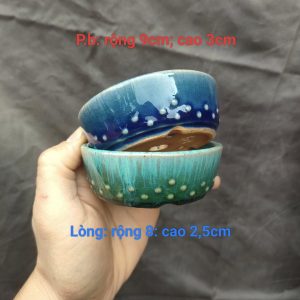 Bộ chậu tròn chấm bi, cốt gốm phủ men rạn; dòng men chảy cao cấp (T093)